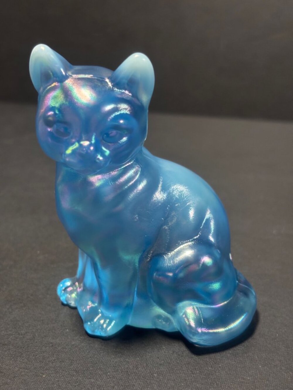 Fenton Blue Iridescent Art Glass Sitting Cat Figurine Vintage 90s Made In USA